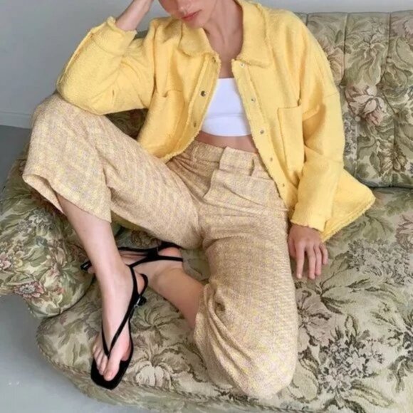 NWT Zara yellow tan & white tweed cropped wide leg culottes, L - Picture 4 of 10